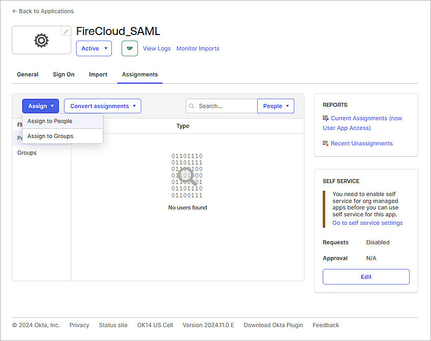 Screenshot of Okta, Assignment page of SAML application Step 1